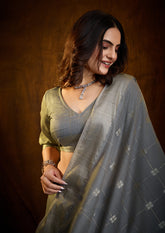 Moonlit Silver Linen Cotton Silk Saree with Zari Border Weaving